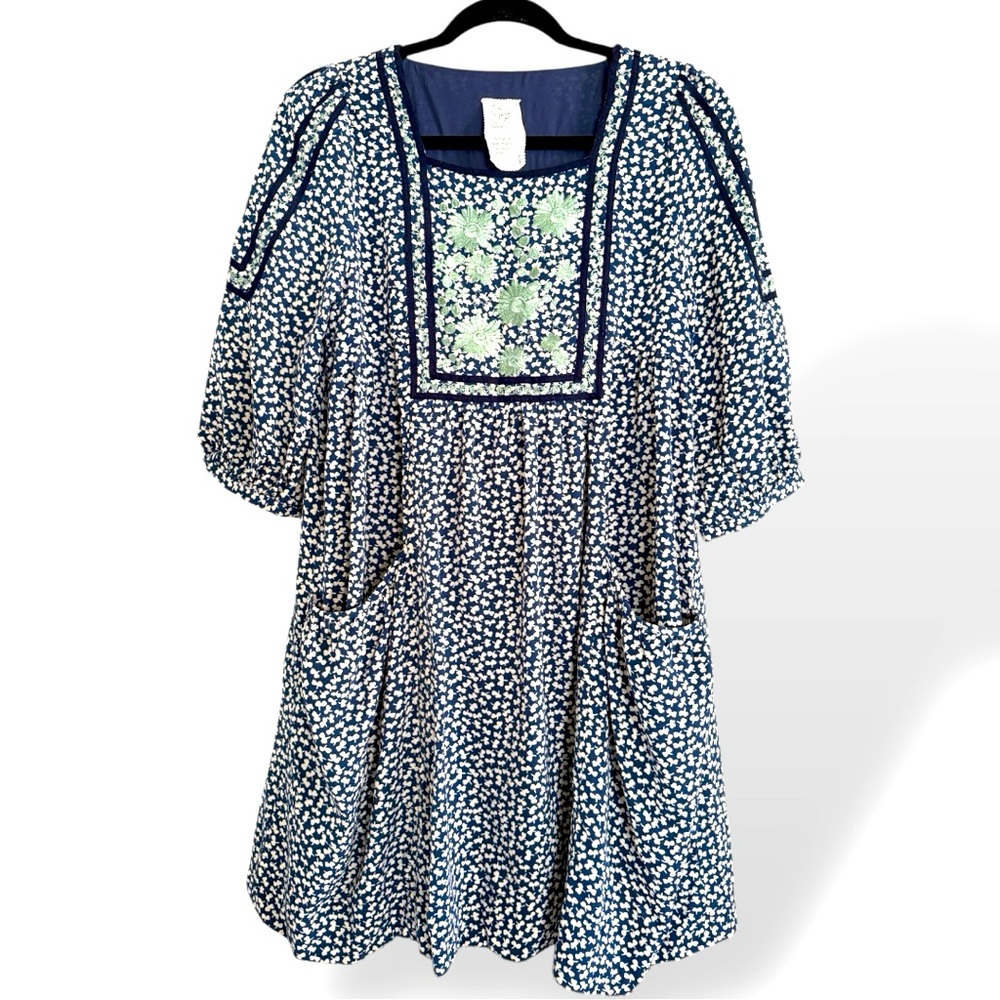 De Base Embroidered Peasant Babydoll Dress Cream Blue Seafoam Medium Japanese